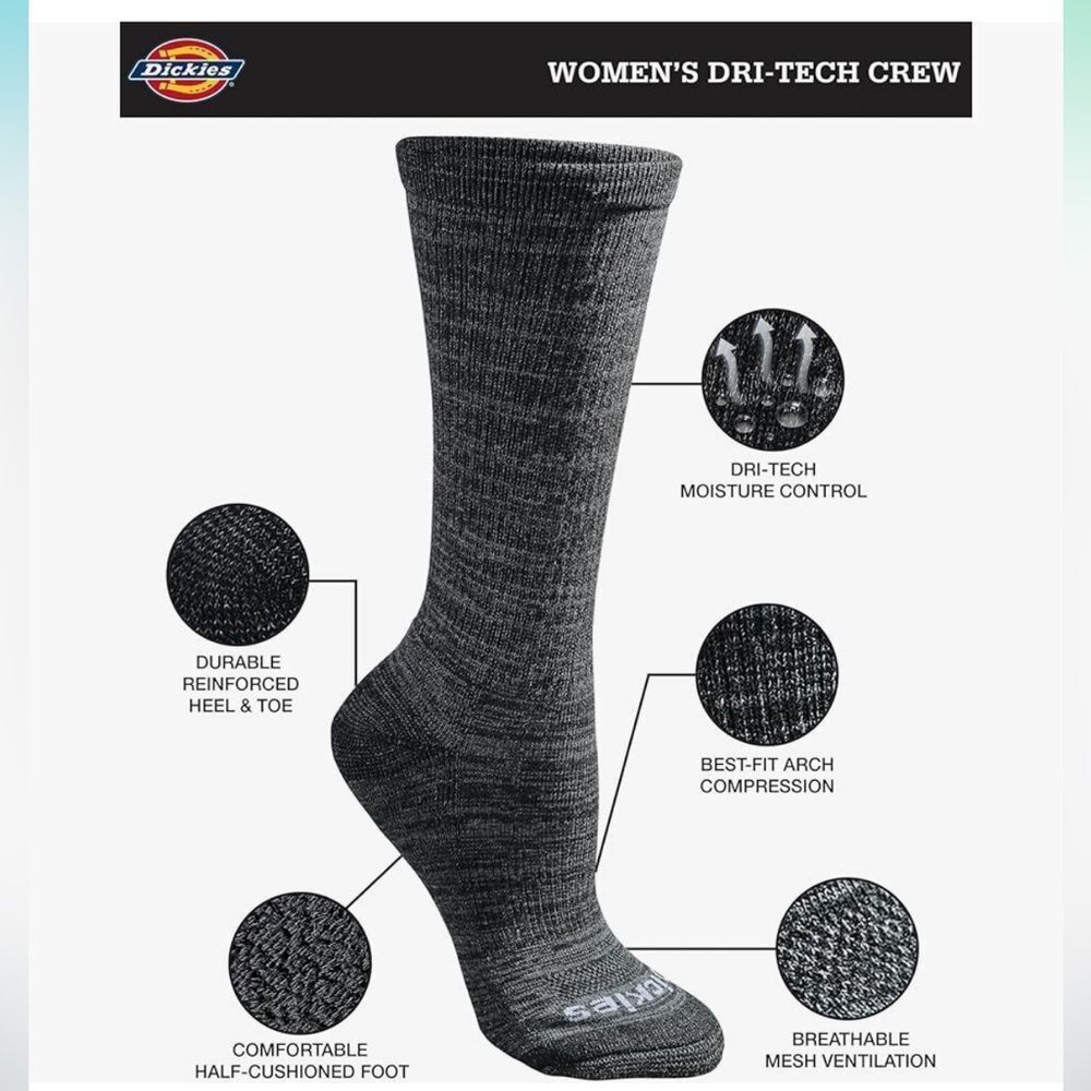 Dickies Dri-tech Fashion Moisture Cntrl Crew Socks grey/black 6 pk size 6-9‎ Nwt